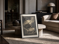 Chained muscular giant with crown print in a black frame leaning on a travertine table in a sunlit lounge