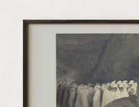 Close-up of the Two robed figures among hooded crowd print's dark wood frame corner and archival matte paper