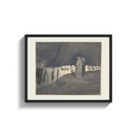 Framed Two robed figures among hooded crowd print shown as a wide statement piece on a clean white wall