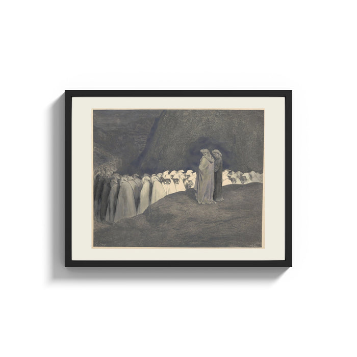 Framed Two robed figures among hooded crowd print shown as a wide statement piece on a clean white wall