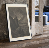 Souls swirling in whirlwind before figures print in a black frame leaning beside a vintage door on parquet