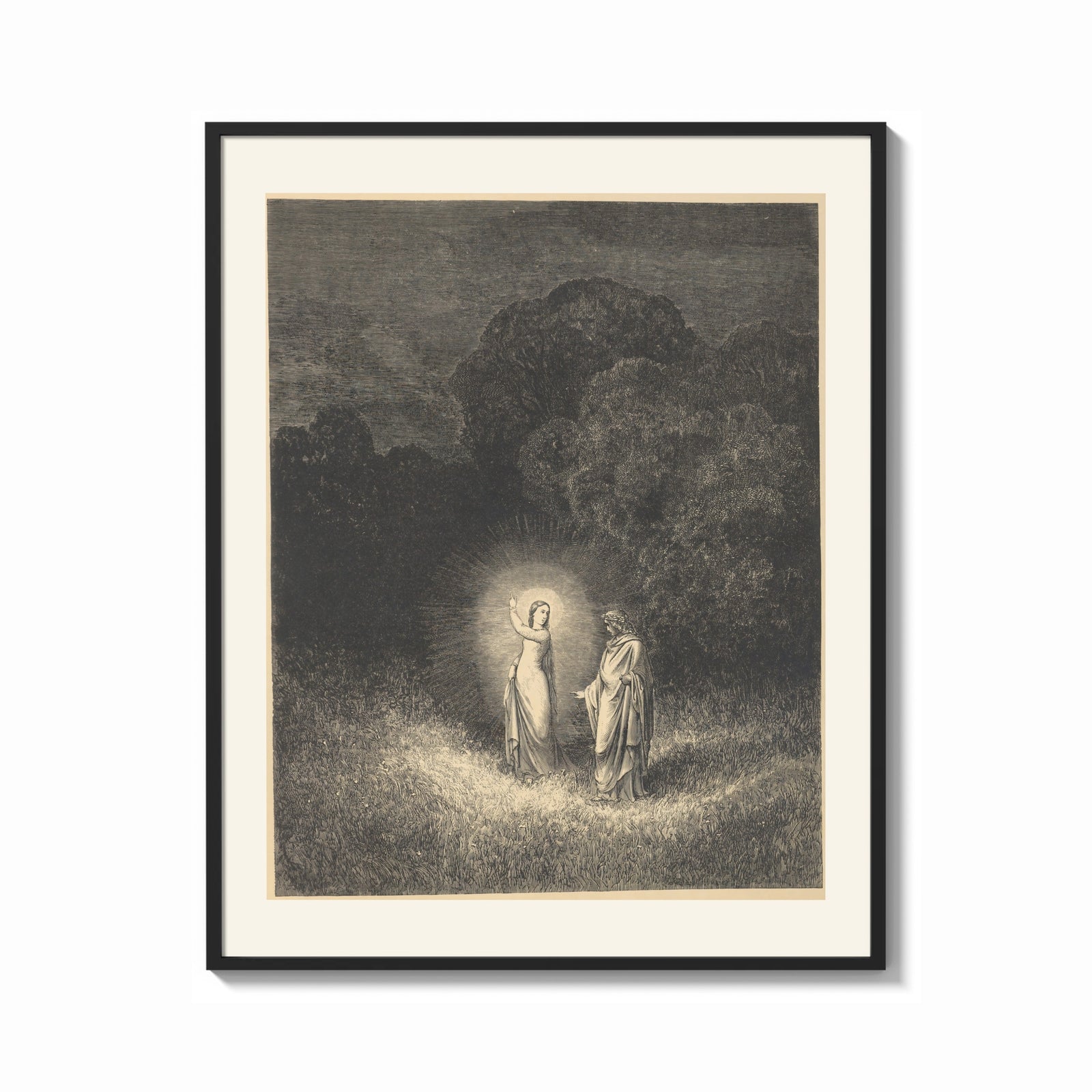 Framed Glowing woman and robed figure print shown as a bold statement piece on a clean gallery wall