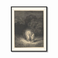 Framed Glowing woman and robed figure print shown as a bold statement piece on a clean gallery wall