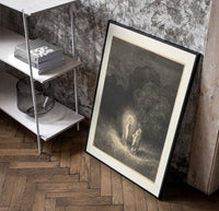 Glowing woman and robed figure poster in a black frame leaning beside a shelf in a raw-plaster loft