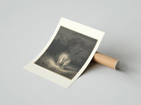 Rolled Glowing woman and robed figure poster beside its crush-resistant kraft shipping tube