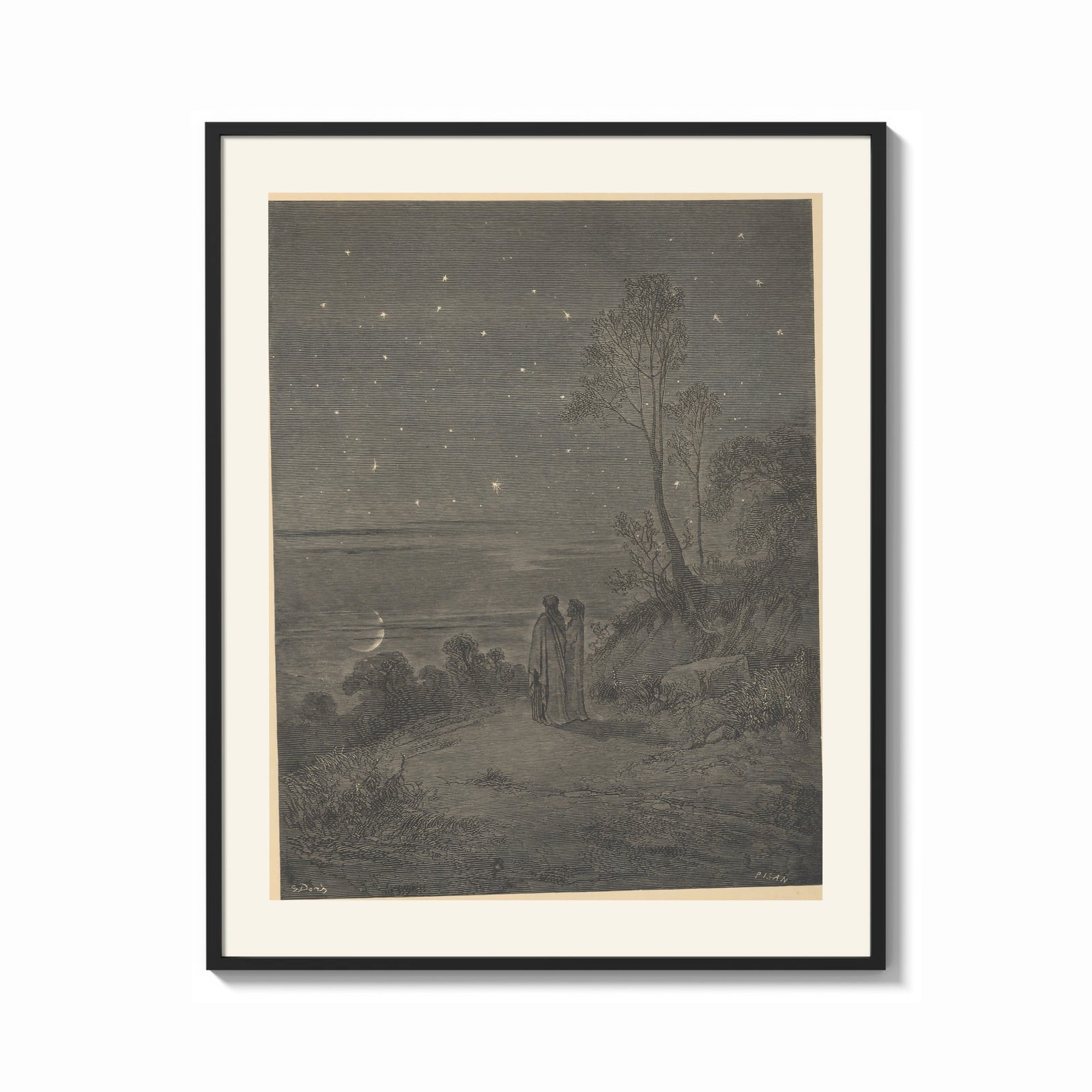 Framed Two robed figures under starry sky print shown as a bold statement piece on a clean gallery wall