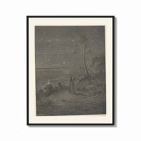 Framed Two robed figures under starry sky print shown as a bold statement piece on a clean gallery wall