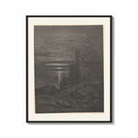 Framed Two robed figures on cliff at night print shown as a bold statement piece on a clean gallery wall