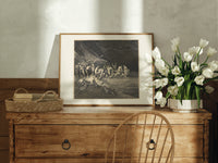 Charon ferrying damned souls print in an oak frame on a farmhouse dresser beside white tulips