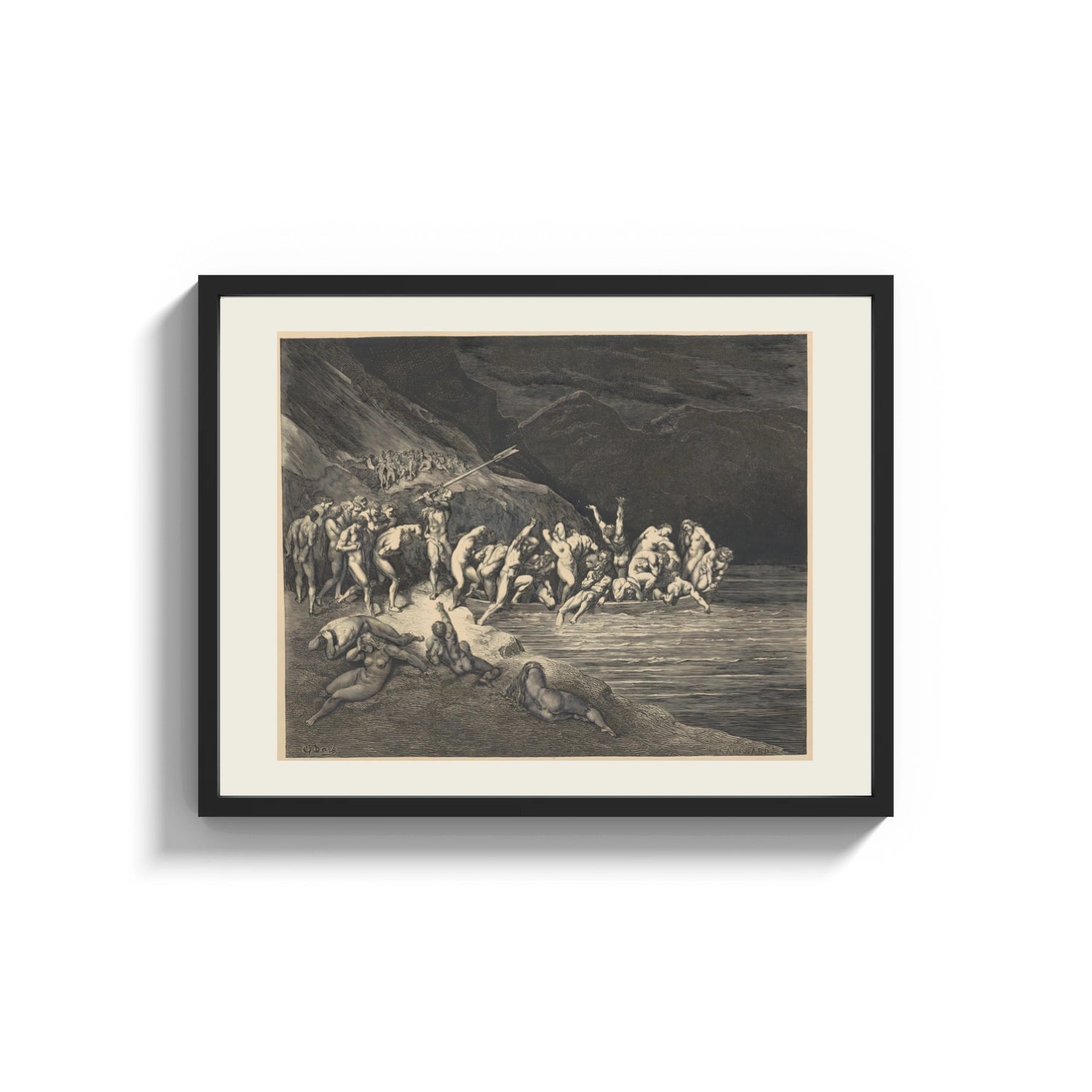 Framed Charon ferrying damned souls print shown as a wide statement piece on a clean white wall