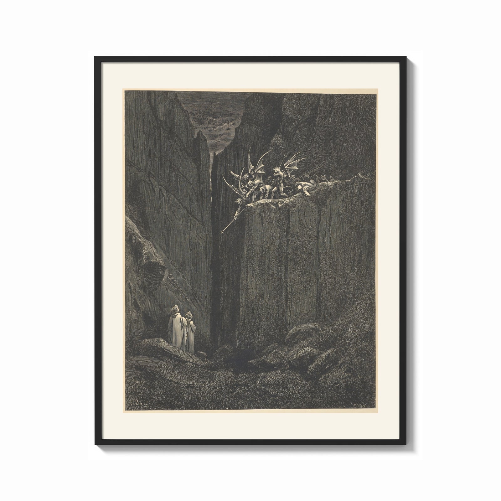 Framed Demons on cliff, two robed travelers print shown as a bold statement piece on a clean gallery wall