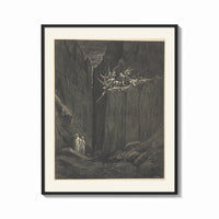 Framed Demons on cliff, two robed travelers print shown as a bold statement piece on a clean gallery wall