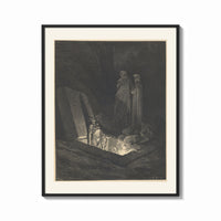 Framed Figure rising from tomb in hell print shown as a bold statement piece on a clean gallery wall