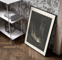 Figure rising from tomb in hell poster in a black frame leaning beside a shelf in a raw-plaster loft