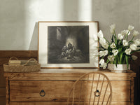 Starving prisoners in dungeon print in an oak frame on a farmhouse dresser beside white tulips