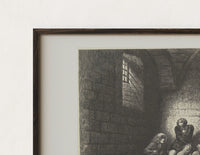 Close-up of the Starving prisoners in dungeon print's dark wood frame corner and archival matte paper