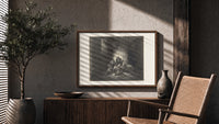 Starving prisoners in dungeon print in a wood frame above a fluted sideboard beside an olive tree