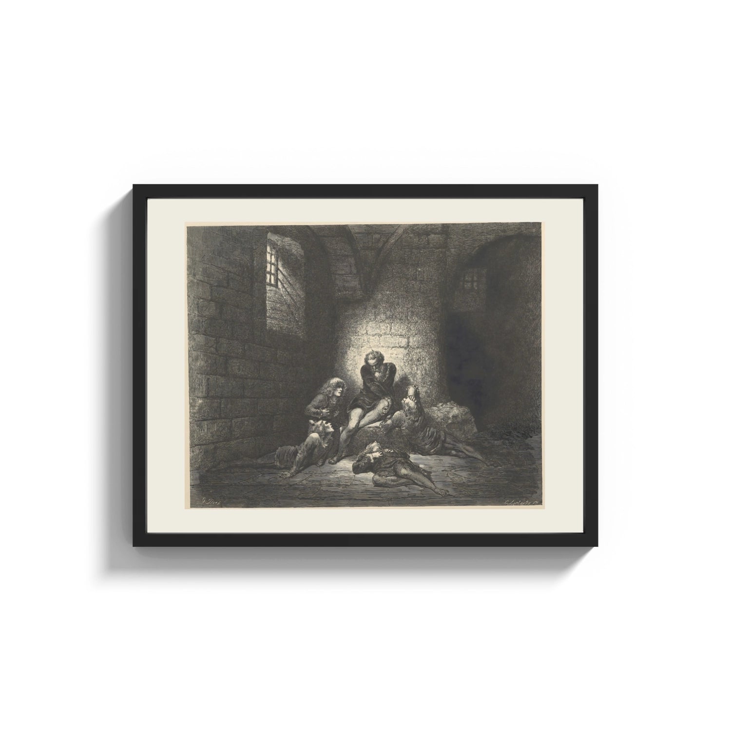 Framed Starving prisoners in dungeon print shown as a wide statement piece on a clean white wall