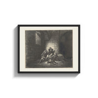 Framed Starving prisoners in dungeon print shown as a wide statement piece on a clean white wall