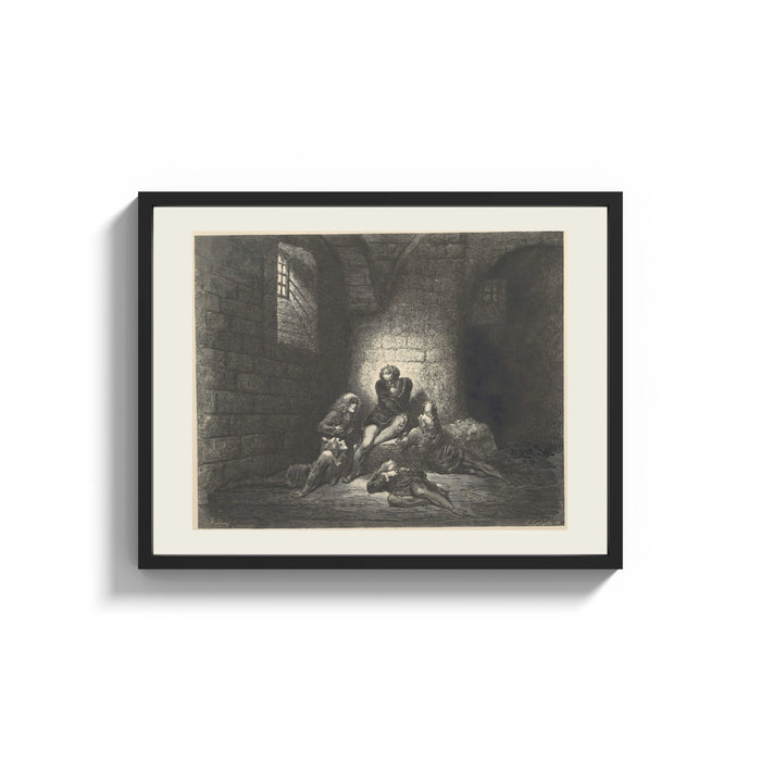 Framed Starving prisoners in dungeon print shown as a wide statement piece on a clean white wall