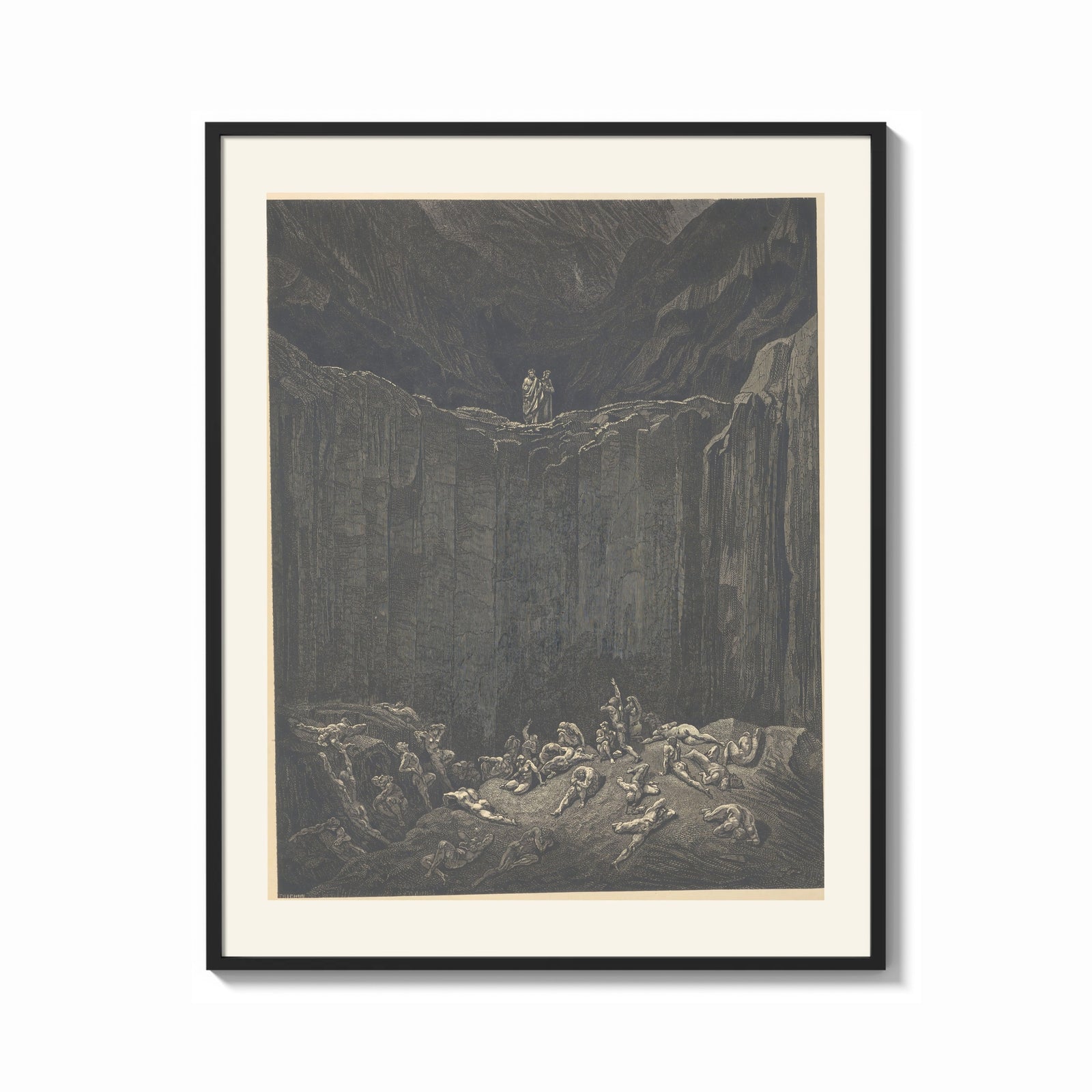 Framed Two figures overlooking pit of souls print shown as a bold statement piece on a clean gallery wall