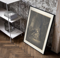 Lovers embracing on ornate throne poster in a black frame leaning beside a shelf in a raw-plaster loft