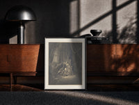 Black-framed Lovers embracing on ornate throne print on a moody console with designer coffee-table books