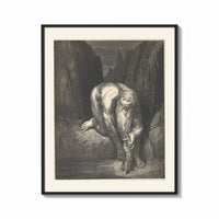 Framed Giant crouching over two small figures print shown as a bold statement piece on a clean gallery wall
