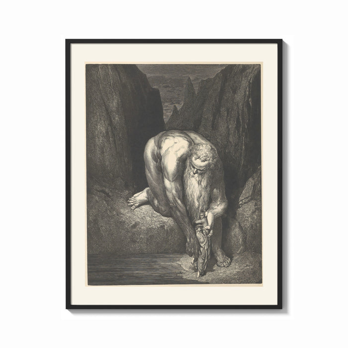 Framed Giant crouching over two small figures print shown as a bold statement piece on a clean gallery wall