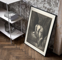 Giant crouching over two small figures poster in a black frame leaning beside a shelf in a raw-plaster loft