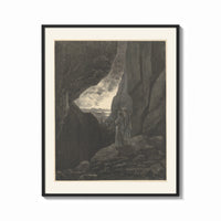 Framed Two robed figures in rocky gorge print shown as a bold statement piece on a clean gallery wall