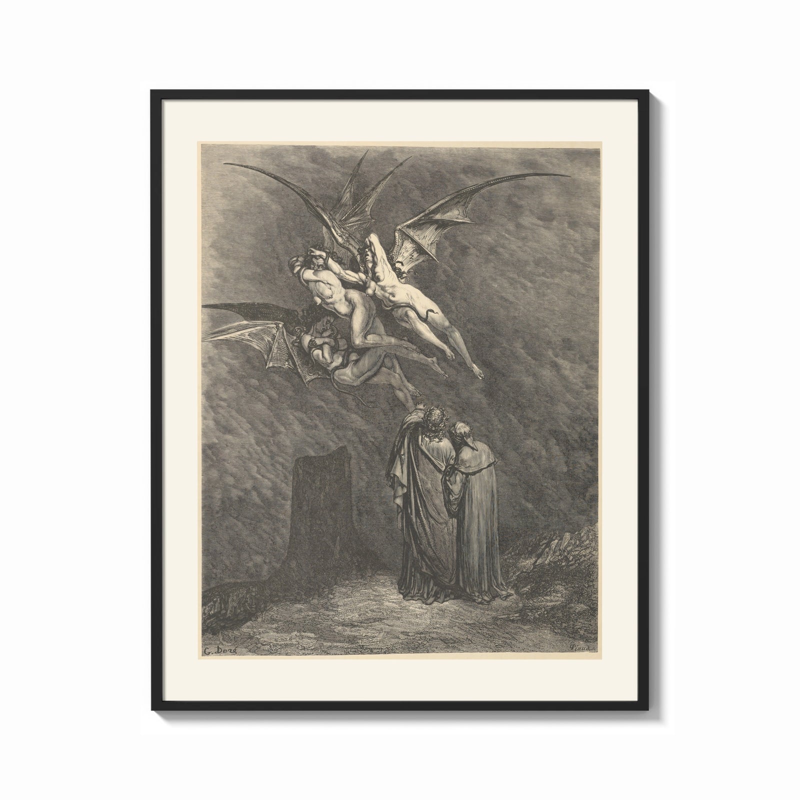 Framed Winged demons flying above two robed figures print shown as a bold statement piece on a clean gallery wall