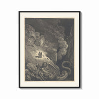 Framed Two figures facing a winged monster print shown as a bold statement piece on a clean gallery wall