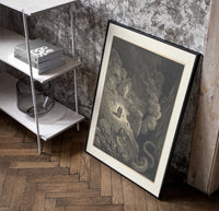 Two figures facing a winged monster poster in a black frame leaning beside a shelf in a raw-plaster loft