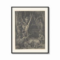 Framed Harpies in dark forest print shown as a bold statement piece on a clean gallery wall