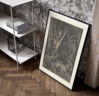Harpies in dark forest poster in a black frame leaning beside a shelf in a raw-plaster loft