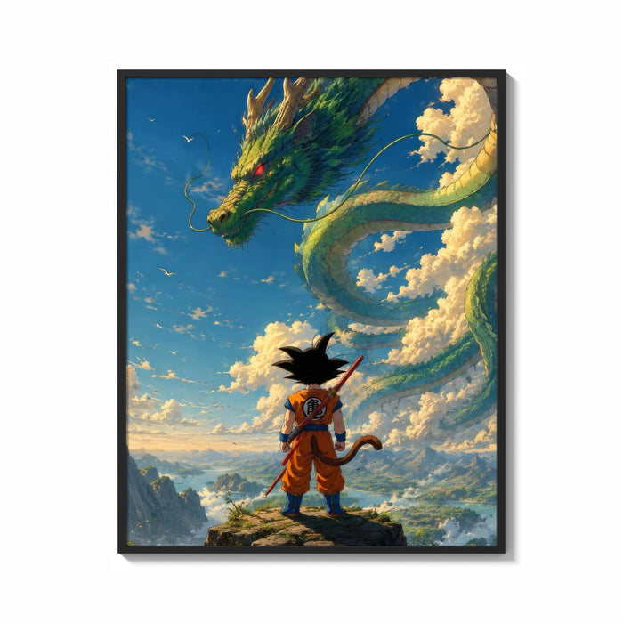 Framed Boy warrior facing giant green dragon print shown as a bold statement piece on a clean gallery wall