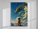 Boy warrior facing giant green dragon poster in a slim frame on a bright wall with soft window light