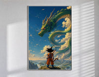 Boy warrior facing giant green dragon poster in a slim frame on a bright wall with soft window light