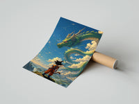 Rolled Boy warrior facing giant green dragon poster beside its crush-resistant kraft shipping tube