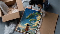 Boy warrior facing giant green dragon framed print being unpacked from protective bubble wrap and a box