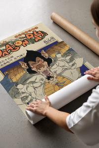 Vegeta in Saiyan armor confronting Goku shown as a print mockup beside cardboard packaging