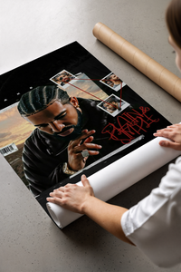 Drake Pain & Simple Album Cover Portrait poster being unrolled on a concrete floor