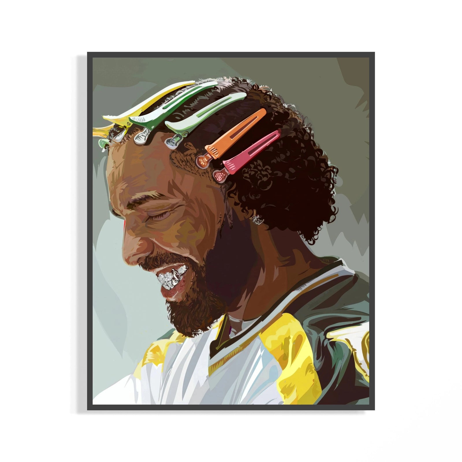 Drake laughs with bright colorful clips in his curly hair and a yellow jersey in this portrait poster