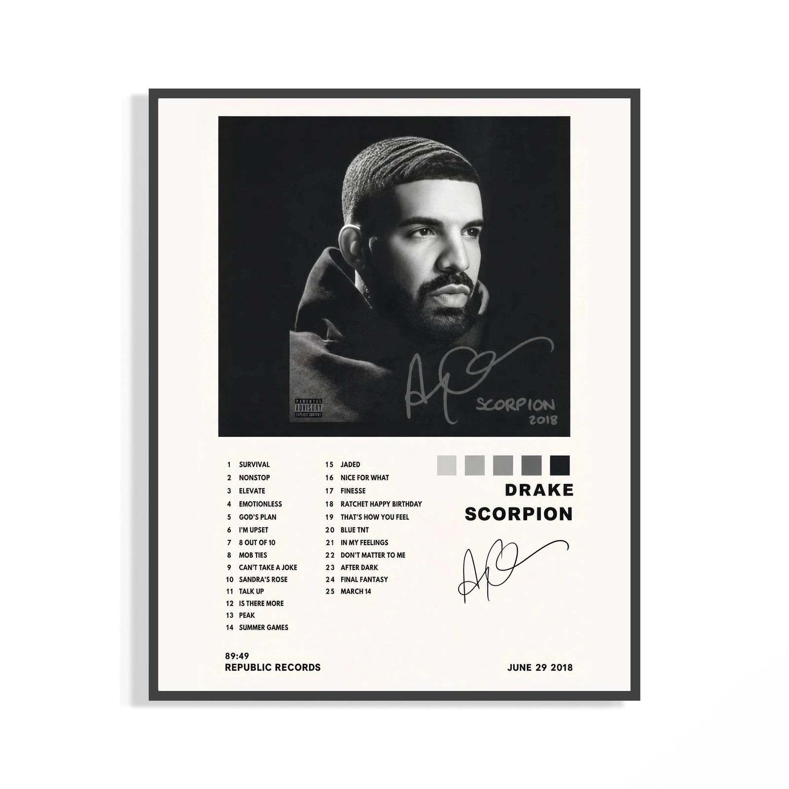 Framed Drake Scorpion print shown as a statement piece on a gallery wall