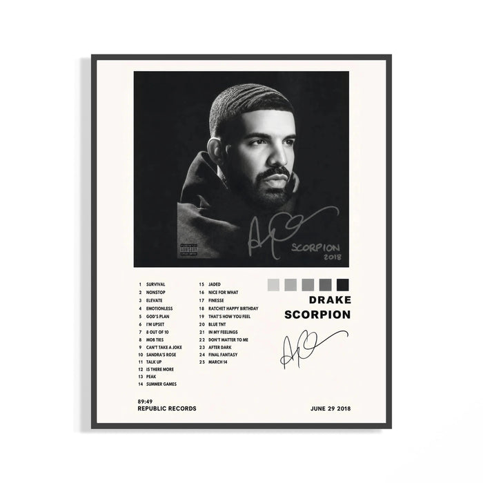 Framed Drake Scorpion print shown as a statement piece on a gallery wall
