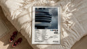 Drake Views framed print styled on a bed with sneakers alongside