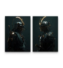 Duo poster set of two golden ronin samurai warriors in dark armor with glowing crescent helmet crests