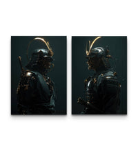 Set of two golden ronin samurai posters in dark armor with glowing crescent moon helmet crests