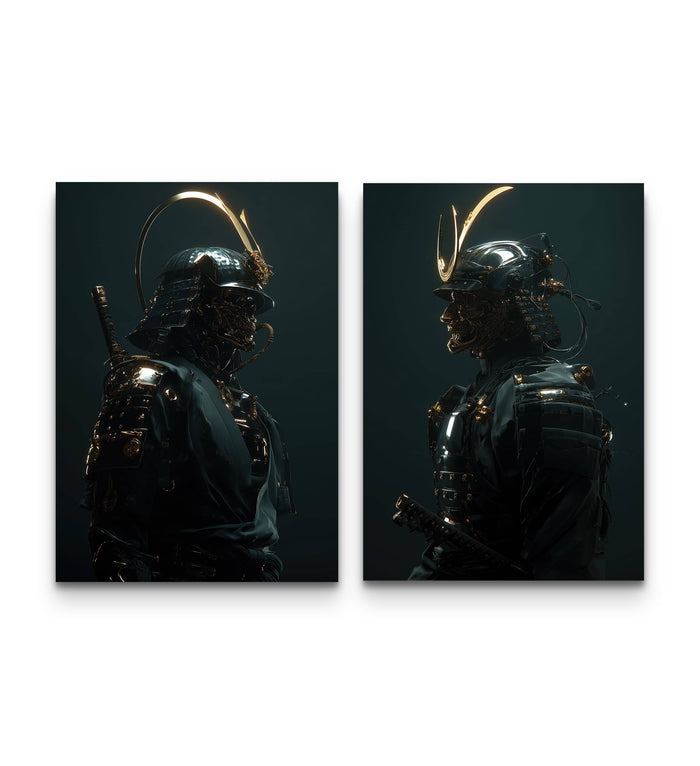 Set of two golden ronin samurai posters in dark armor with glowing crescent moon helmet crests